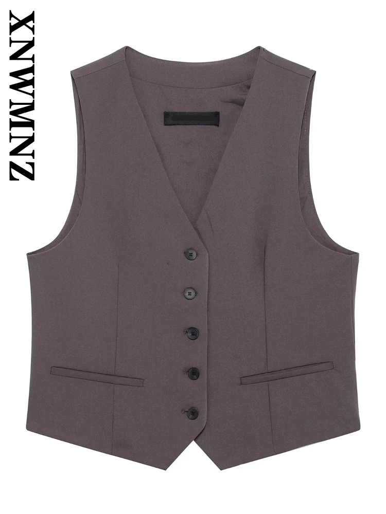 

XNWMNZ 2025 Summer New Female Classic Waistcoat Gilet Vintage Woman's Sleeveless Top Ruffles Regular Fit Pockets V-Collar Vest
