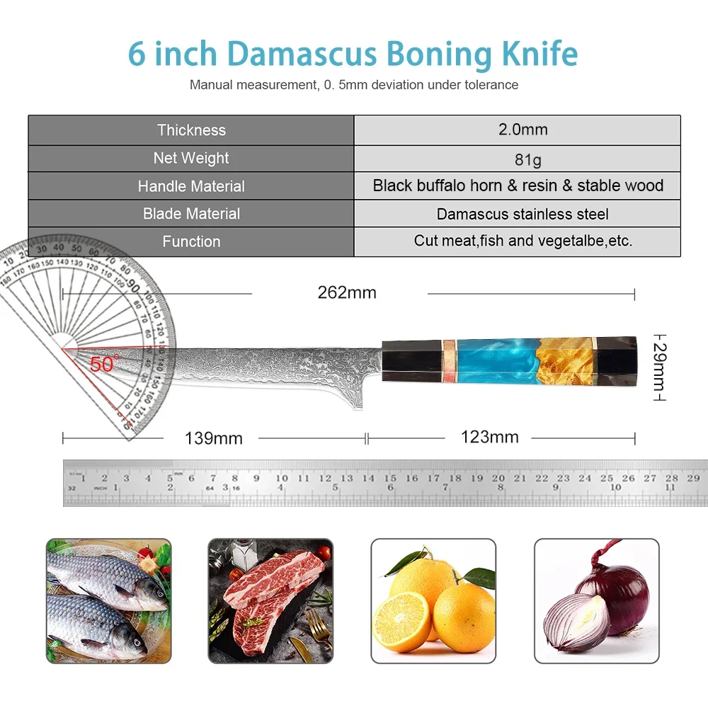 6 Inch Boning Knife Damascus Steel Professional Grade Boning Fillet Knife Deboning Knife Pakkawood Handle for Meat and Poultry