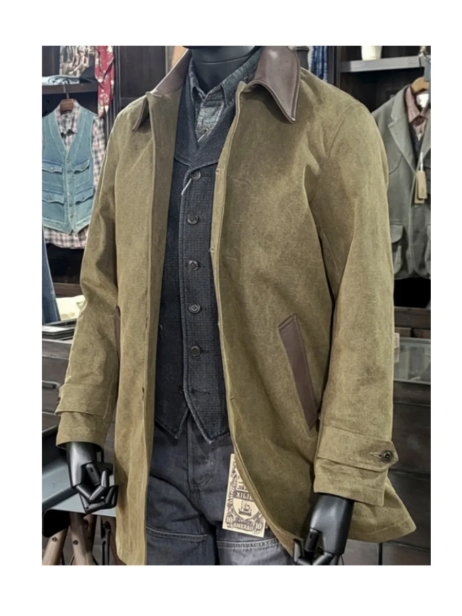 Men's Balmacaan Coat Mid-length Leather Patchwork Business Elegant Style Gentlemen Windbreaker