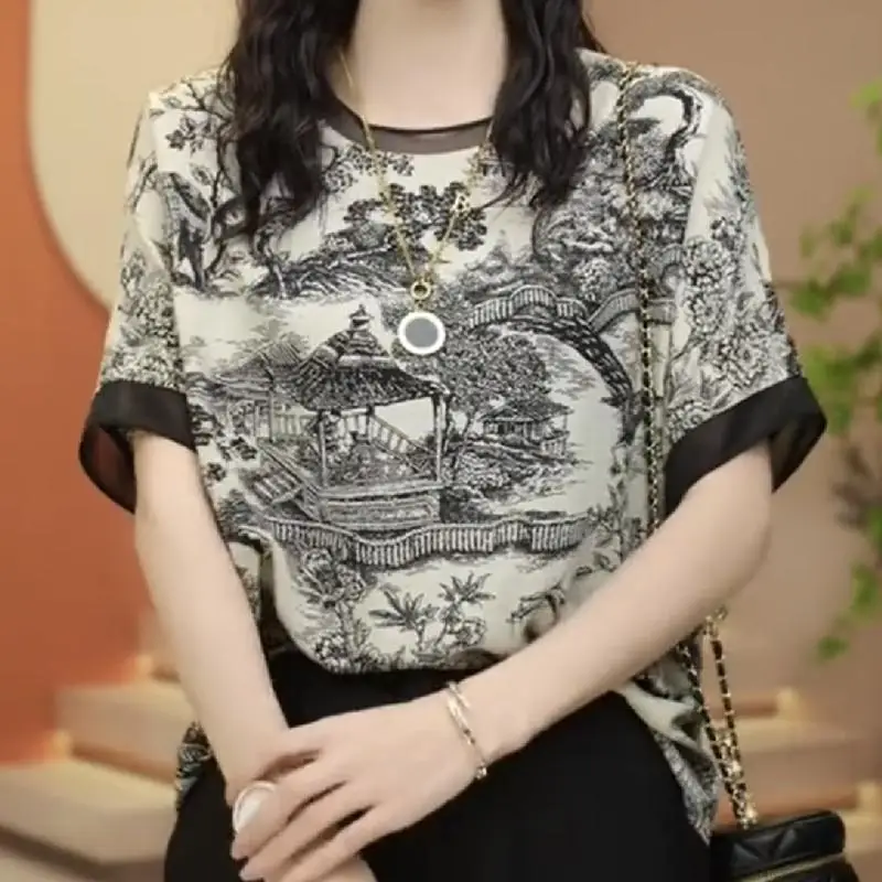 

Spring Summer Fashion Elegant Women's Clothing Round Neck Short Sleeve Tees Casual Loose Print Chiffon Female Clothes T-Shirts