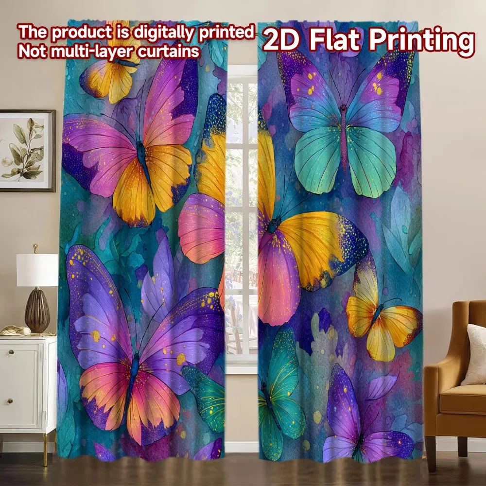 2D FLAT PRINTING 2pcs Curtains (Without Rod) Colorful Butterflies and Splashes Chic Curtain Chic Durable 100% Polyester Fabric