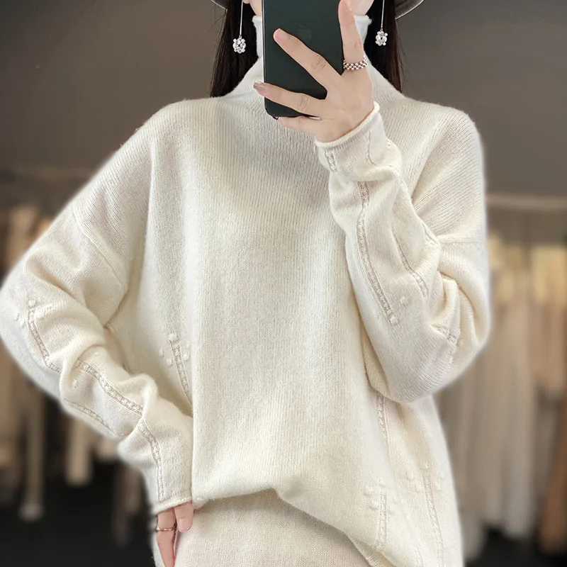 New Women\'s Dress Set 100% Wool Pullover Sweater Hollow out Long Dress High Neck Sweater Warm and Fashion Knitted Two Piece Set