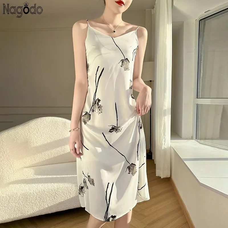 

Summer Sexy Slim Print Women's Satin Dresses High-waist Sleeveless Lady Camisole Midi Long Dress Backless A-Line Ice Silk Skirt