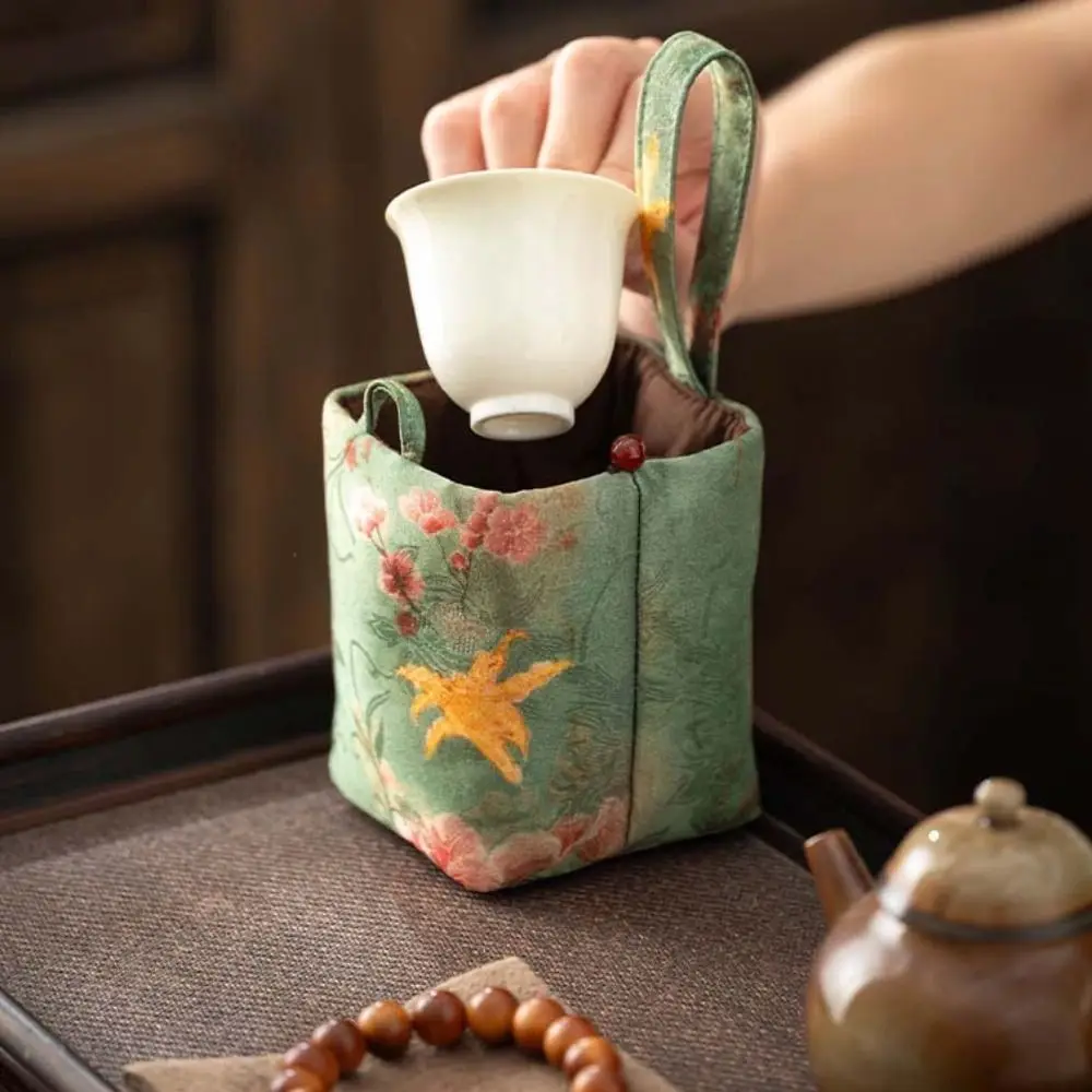 

Chinese Style Teacup Drawstring Cloth Pouch Print Portable Small Item Pouch Breakage-proof Multifunctional Embroidered Handbag