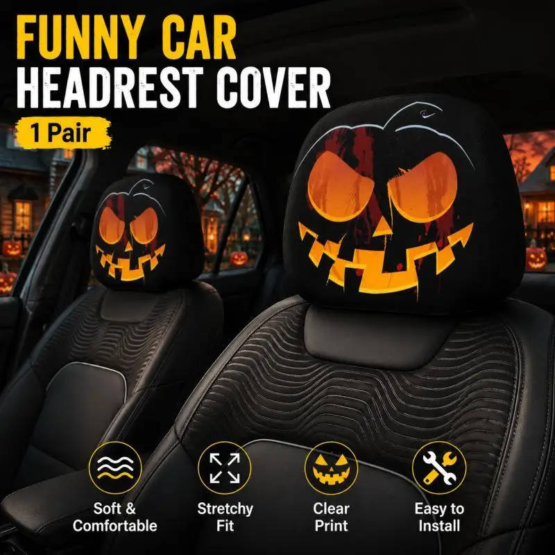 2PCS Halloween Pumpkin Car Headrest Covers, Jack O Lantern Auto Headrest Covers, Universal Car Interior Decor for SUV Sedan