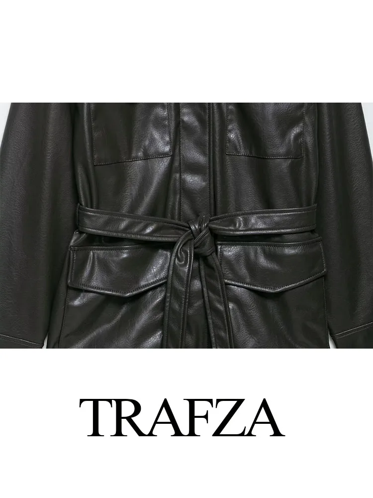 

HH Female Fashion Long Sleeves Jacket Black Turn-Down Collar Pockets Lace-Up Decoration Zipper Women Autumn High Street Coat