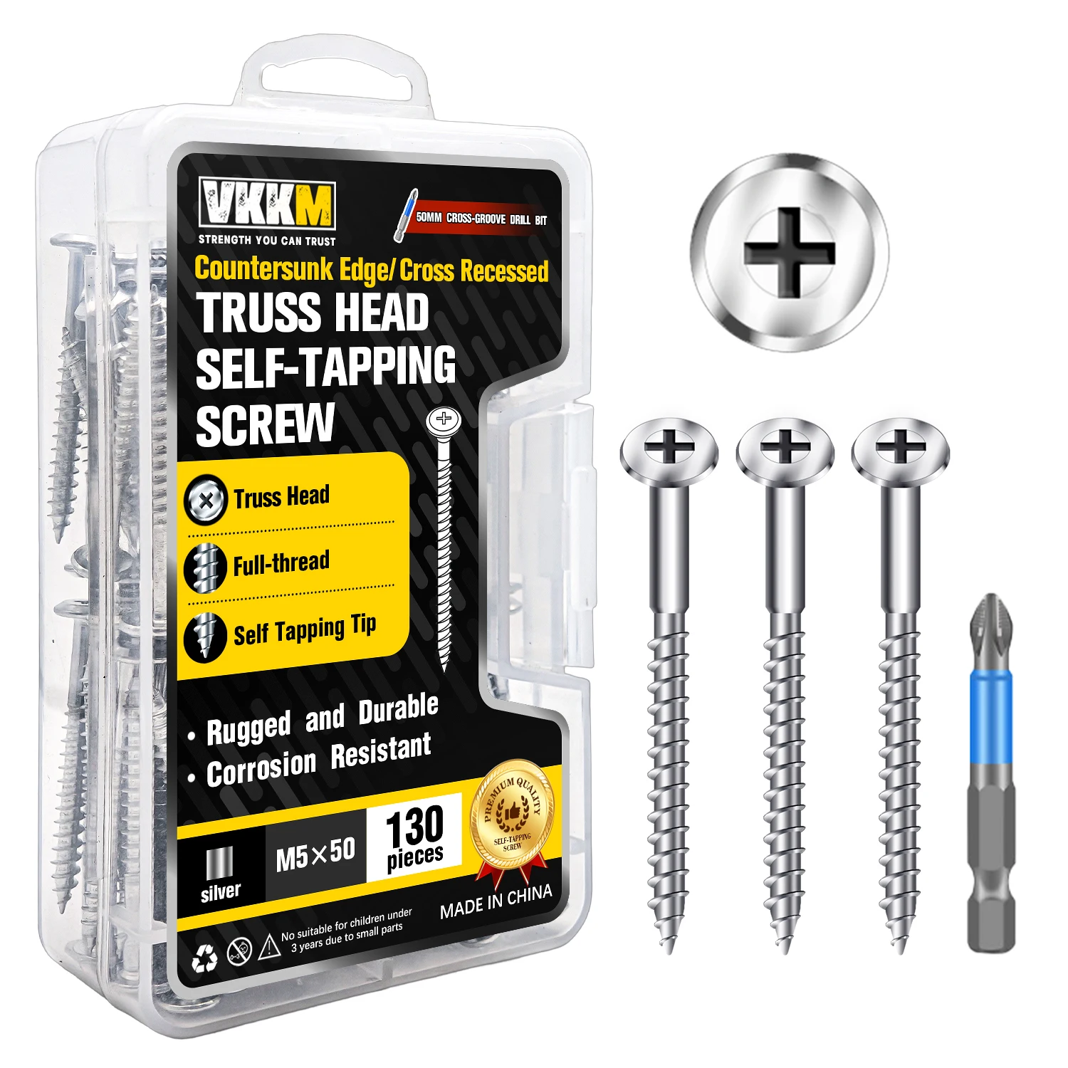 

130Pcs M5x50mm Truss Head Self Tapping Wood Screws, Sheet Metal Fastener with Drill Bit for Wood, Plastic & Furniture