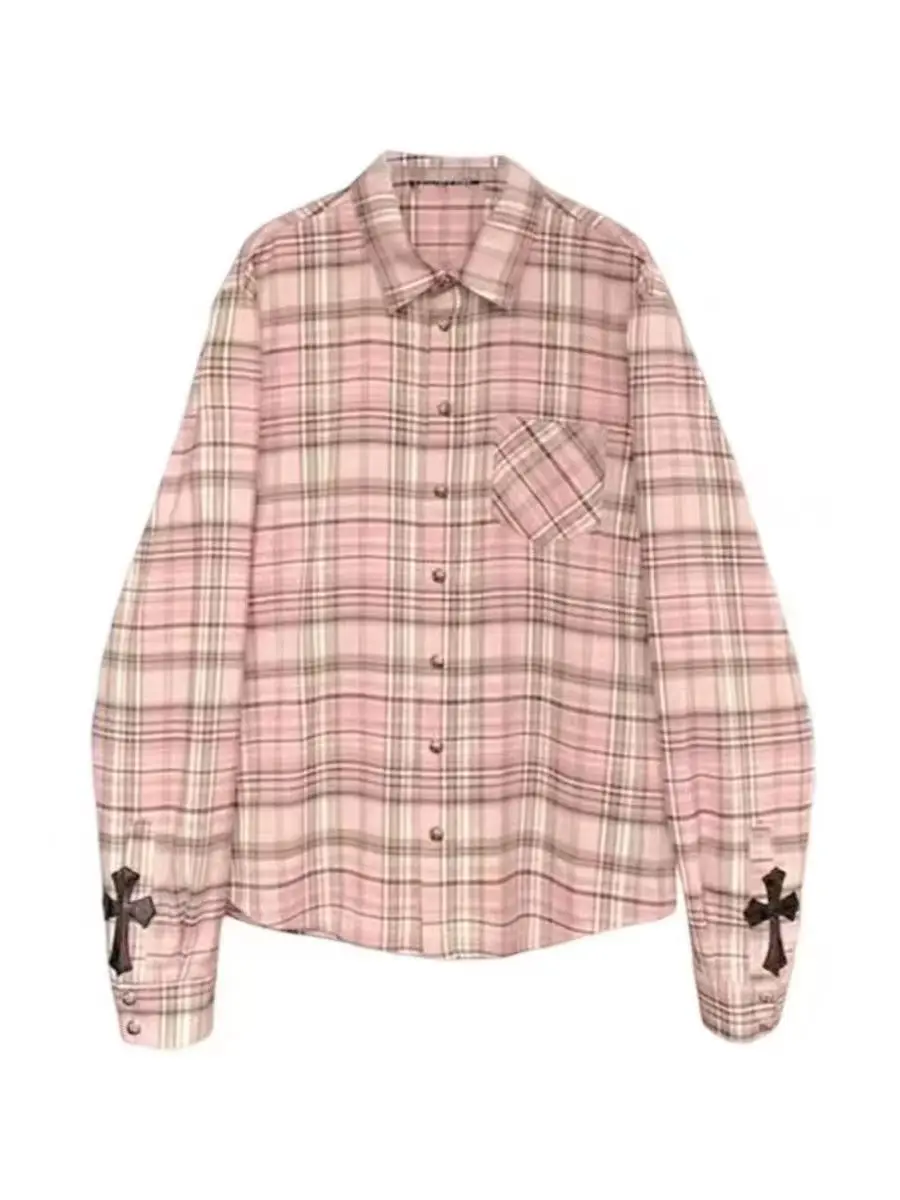 Plaid Shirt Pink Cross Button Up Blouses Female High Street Long Sleeve Tops Hippie Spring Oversize Streetwear Ins Women