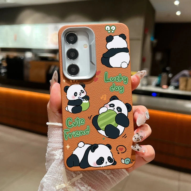 Cute Baby Panda Case For Samsung Galaxy A55 A54 5G A35 A25 A15 A16 A52 A53 A14 A34 S20 S21 FE S22 S23 S24 Ultra Leather Texture