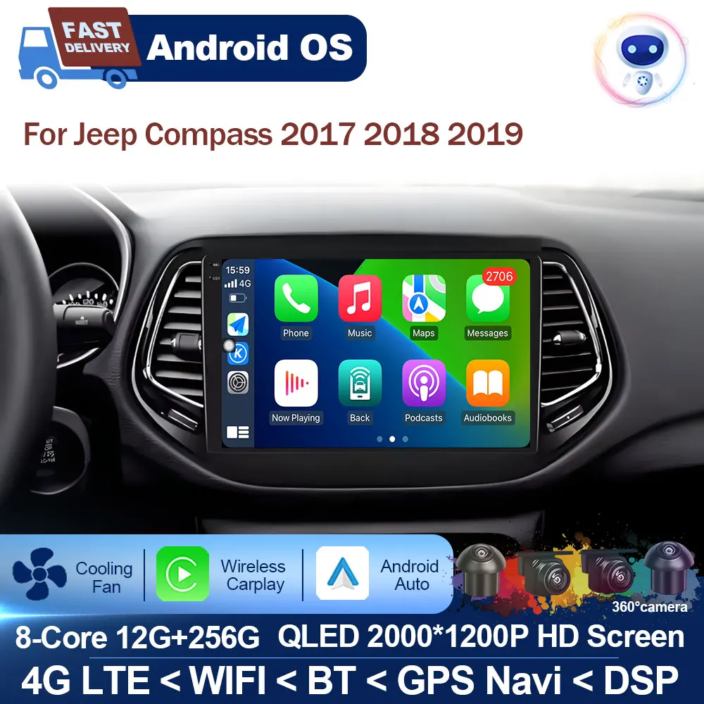 

Android OS for Jeep Compass 2017 2018 2019 Wireless Carplay Car Radio Multimedia Stereo Player GPS Navi Head Unit QLED Screen