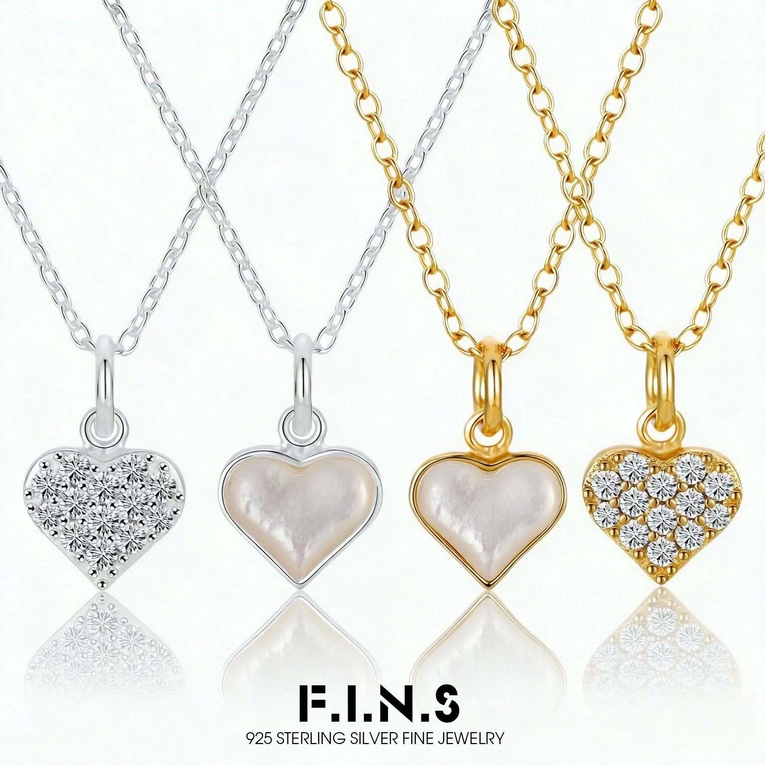 F.I.N.S Original Double-Sided Heart Shaped S925 Sterling Silver Shell Pendant Necklace for Women Luxury Zirconia Slide Charms