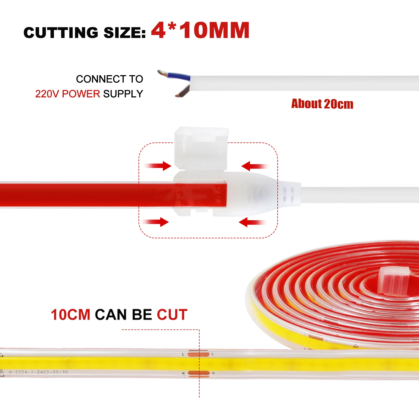 AC 220V COB Strip 240Leds/M IP65 Waterproof 3000K 4000K 6000K Flexible Ribbon Rope LED Light 10CM Cut Self Adhesive Diode Tape