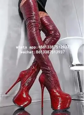 Women Python Gladiator Knee High Boots Red Wine Platform Zipper Over knee Booty HIgh Heel Slim Sexy Thigh Boots Plus Size 10