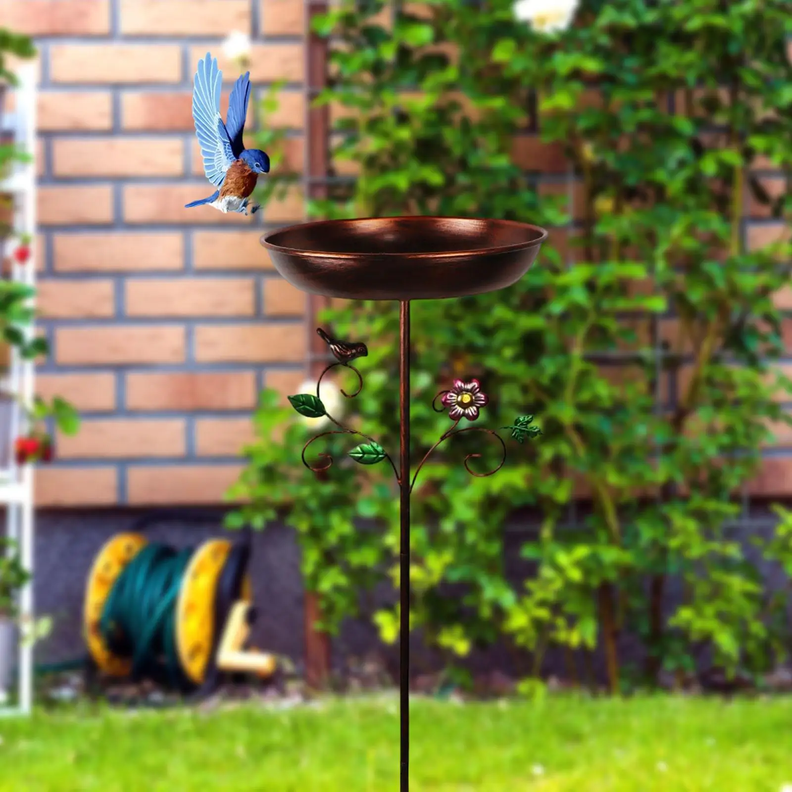 

Birdbath Food Water Bowl Iron Assembly Gift with Garden Stake Bird Feeder Tray for Park Hummingbird Patio Yard Courtyard