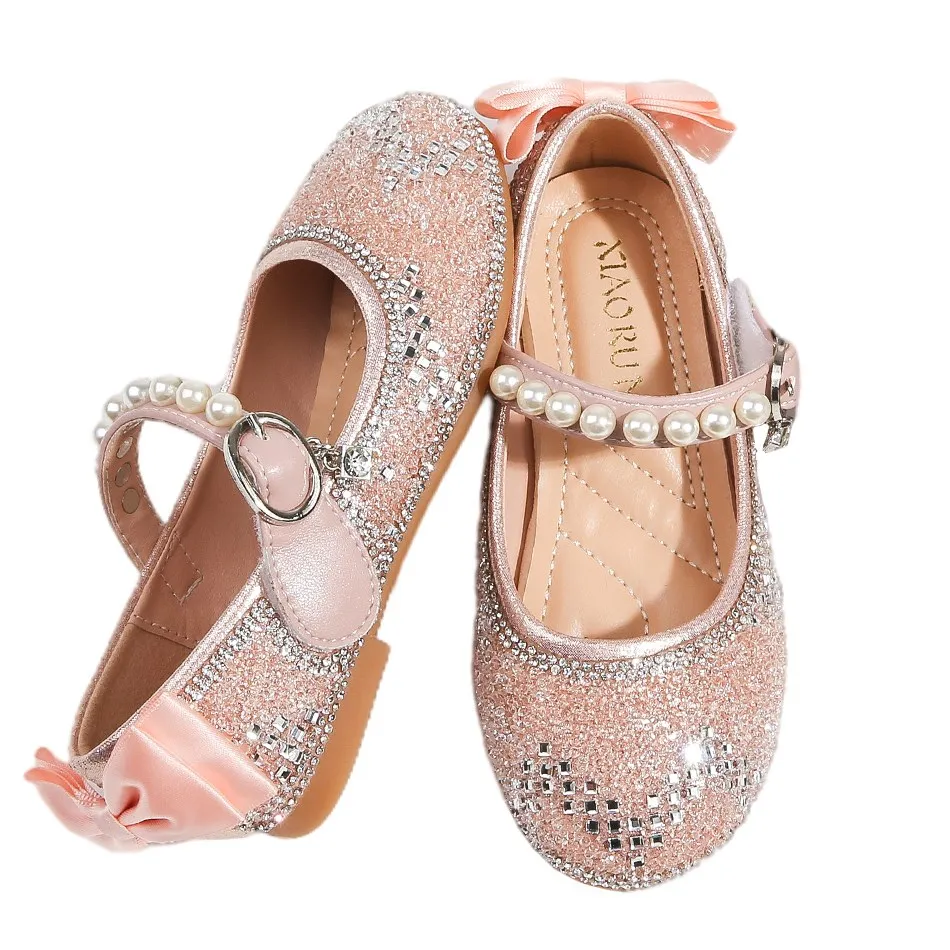 

Girls Flats Pearl Rhinestone Princess Dress Shoes Pink Classic Mary Jane Shoes Kids Glitter Bowknot Bridesmaids Heel Pump Shoes