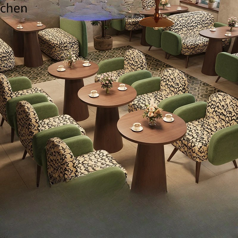 LXC Restaurant Solid Wood Table and Chair Set Vintage Cafe Dessert Shop Tea House Meeting Leisure Sofa Chair