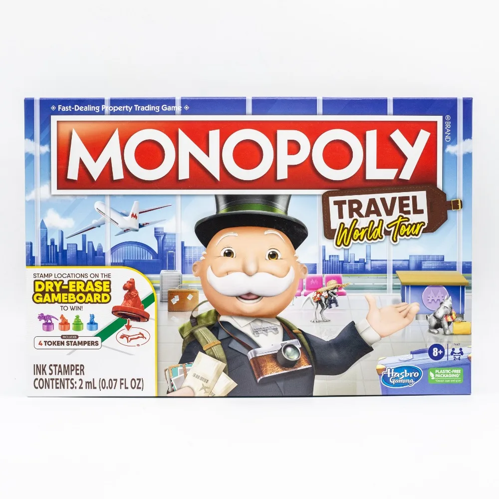 Hasbro Gaming Monopoly World Tour Board Game with Token Stampers Dry-Erase Strategy Classic Gameboard Family Kids Party Game