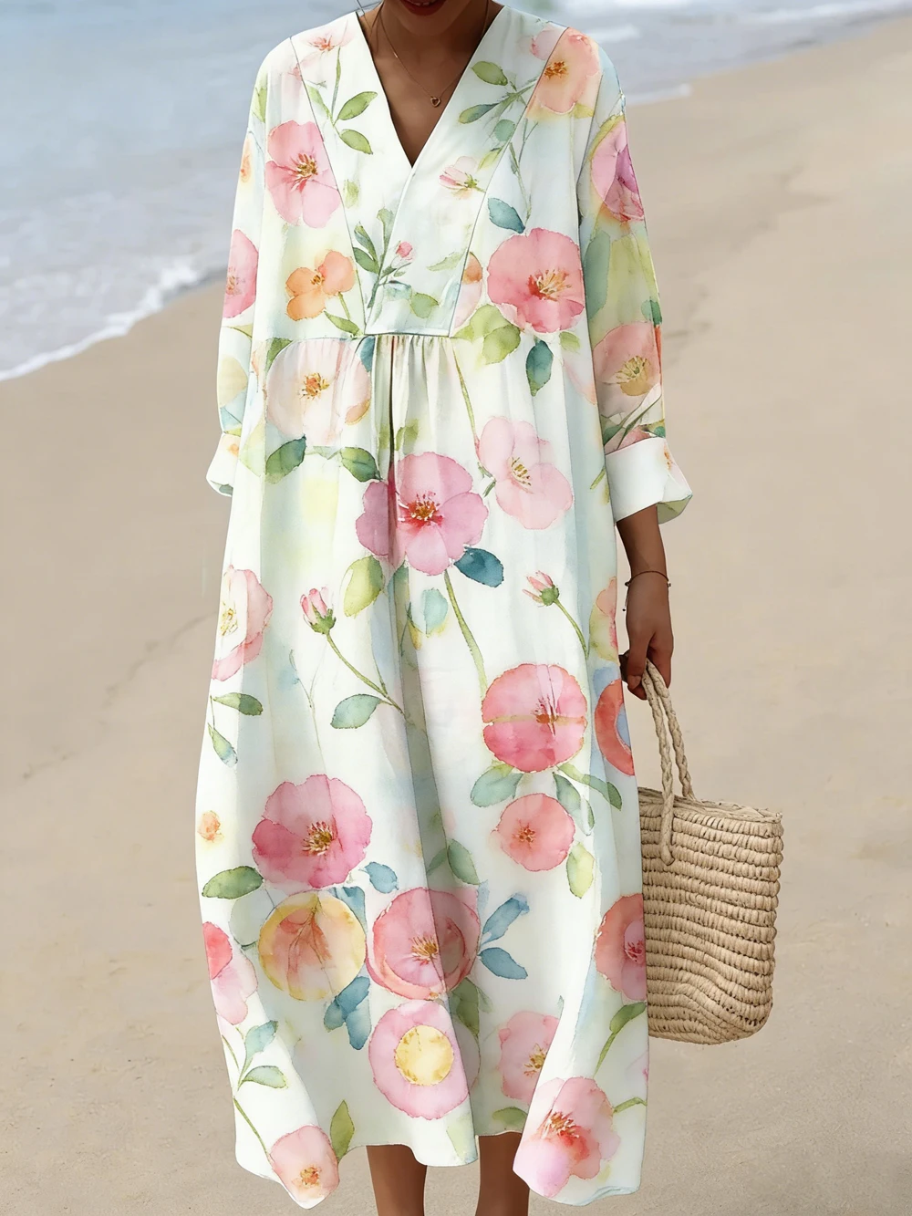 

Long Sleeved Shirt Dress Women's Casual Floral 3D Printed Long Skirt Loose And Comfortable Temperament V-neck Skirt