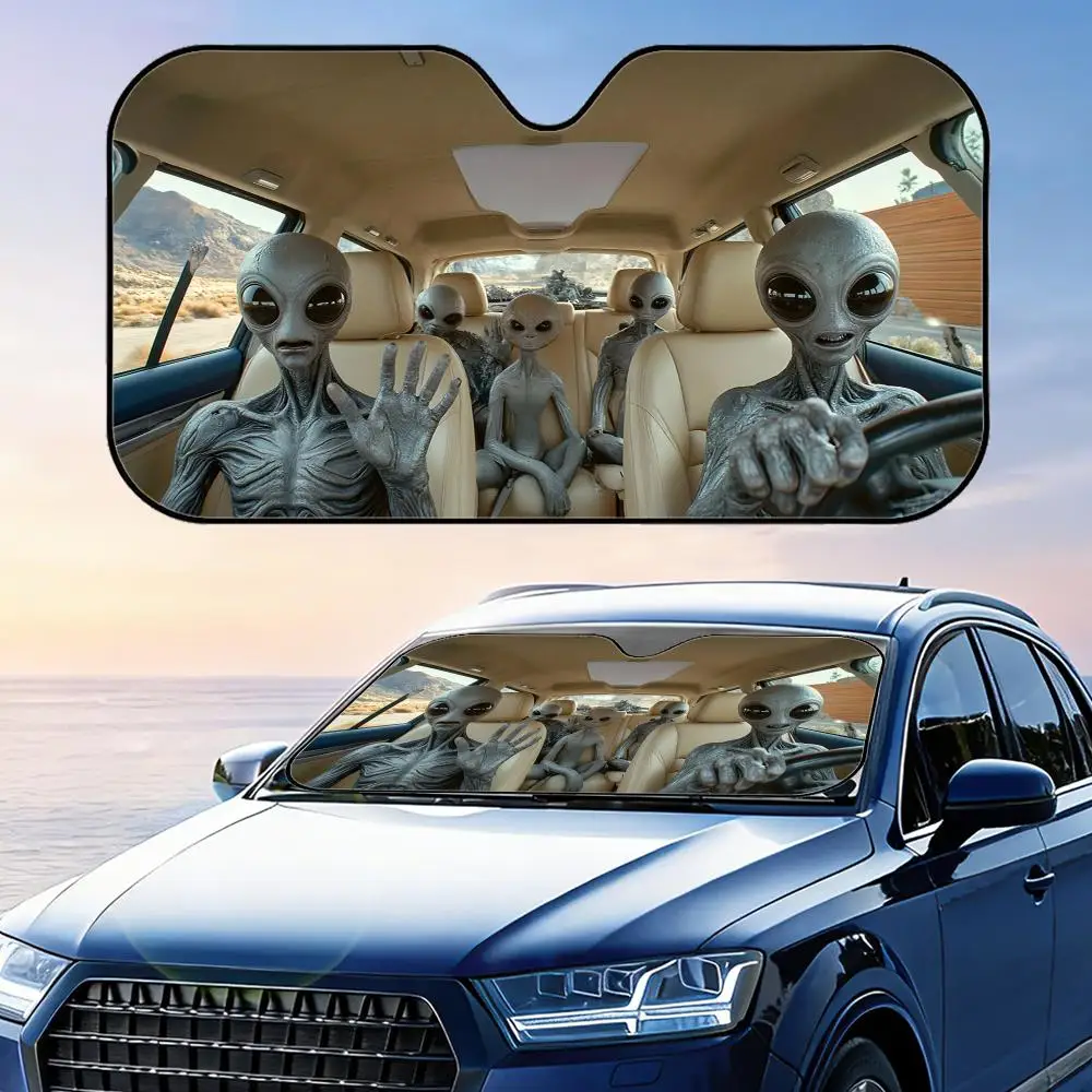 Alien Driving Funny Sun Visor, faltbarer universeller Sonnenschutz für die Windschutzscheibe, UV-Schutz, Wärmeisolierung, faltbare Abdeckung