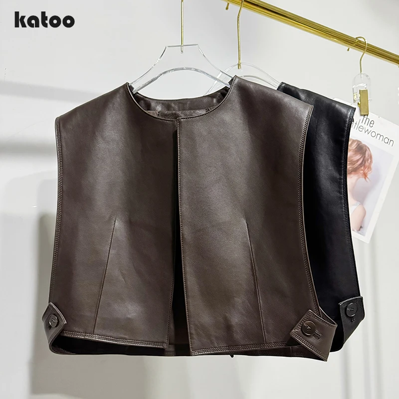 Black/Coffee Genuine Leather Vests for Woman Spring Summer Plant Tanned Sheepskin Simple Casual Short Sleeveless Jacket Chaleco