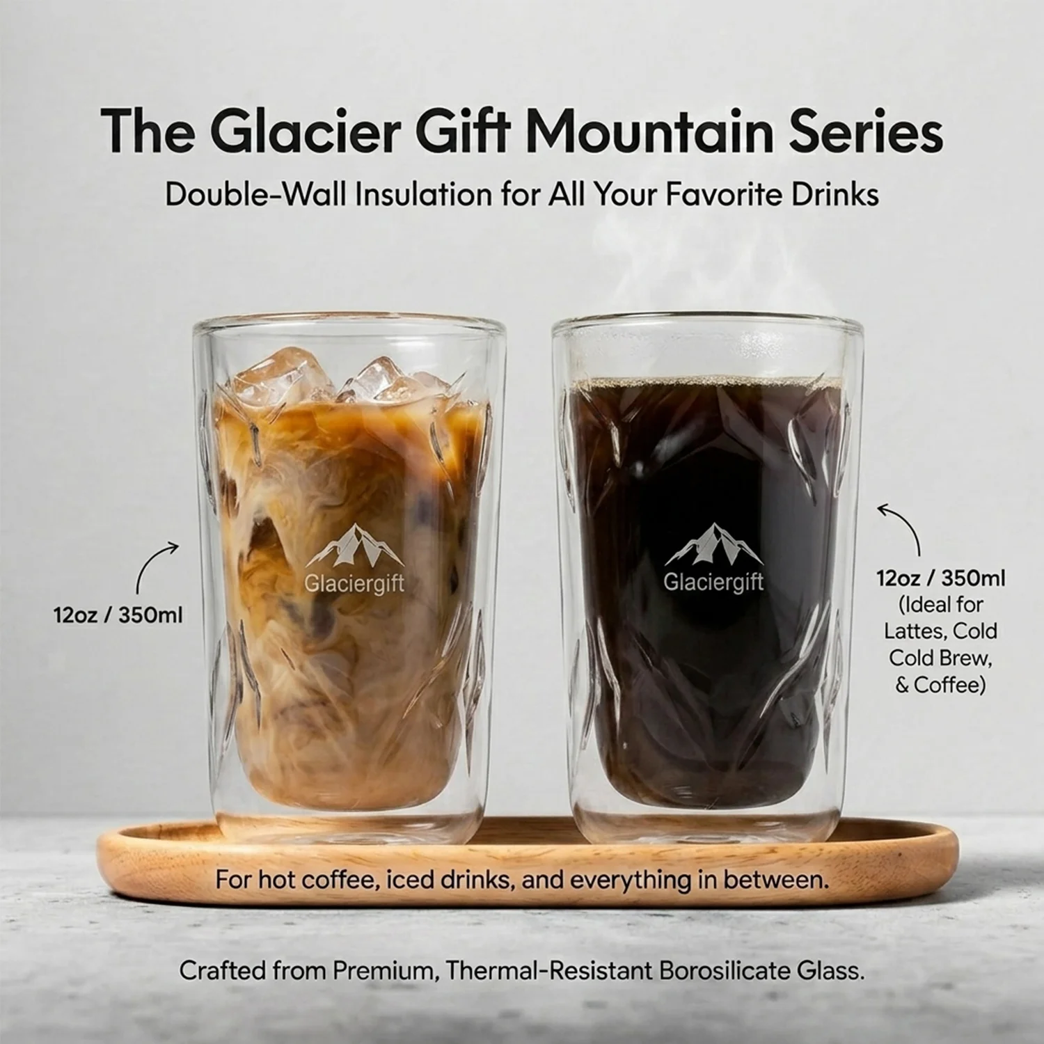 2 Pack Double Walled Glass Coffee Mugs Insulated Clear Handmade Crystal Design No Condensation Heat Resistant Gifts for Dad Men