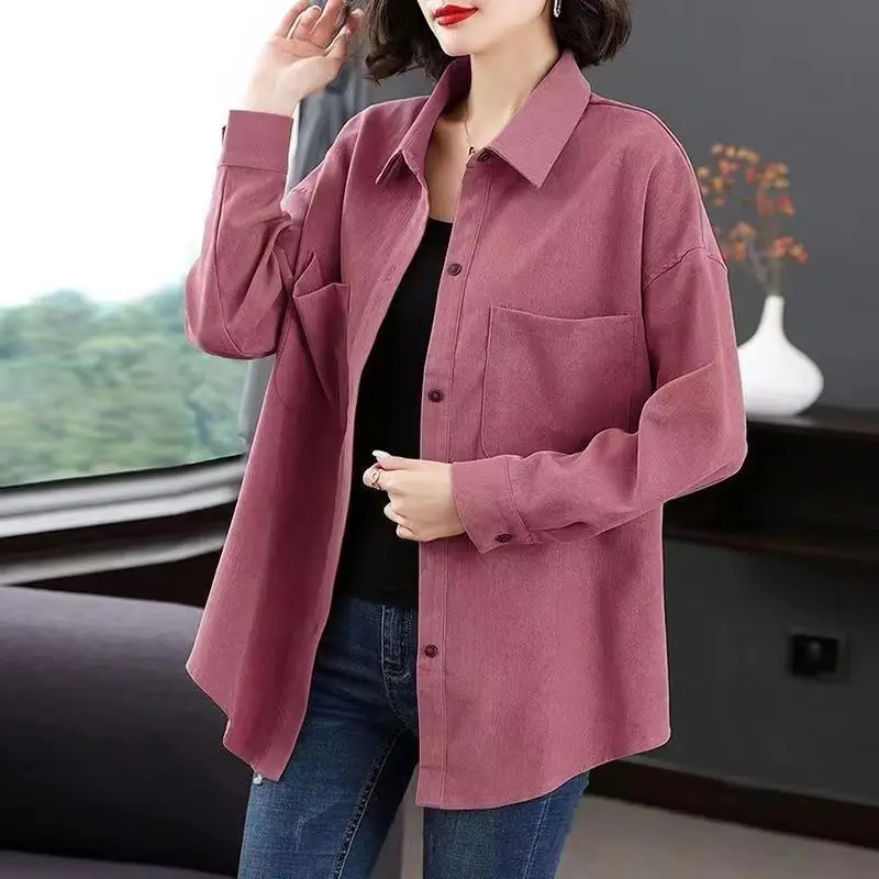 

2023 New Spring and Autumn Fashion Simple Casual Loose Lapel Panel Pocket Long Sleeve Solid Oversize Women's Shirt Coat