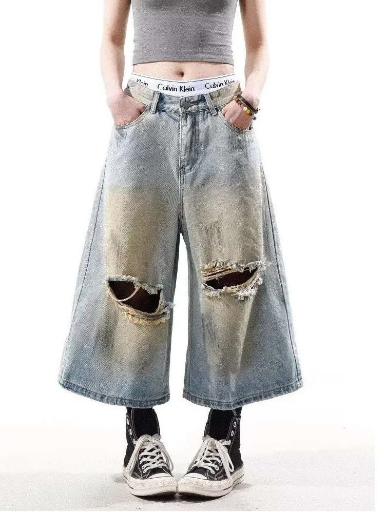 

Американские винтажные рваные джинсы-брюки оверсайз до колена, летние трендовые, свободного кроя, прямые штанины