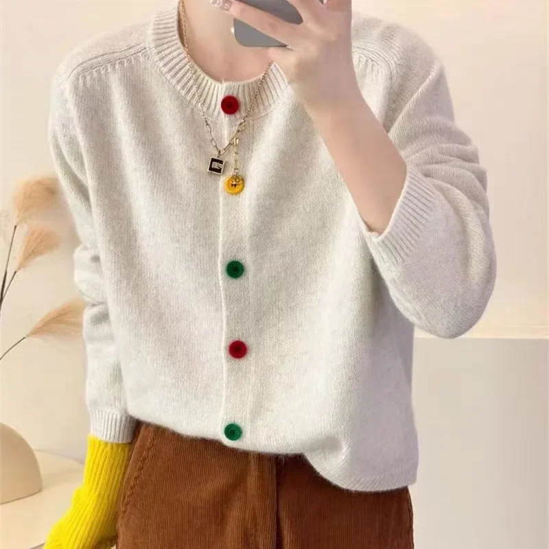 Multi Color Button Long Sleeve Loose Knitted Sweater Coats Autumn Winter Female O-Neck Baggy Korean Knitwear Cardigans PYTZX-043