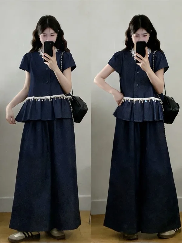

plus Size Women's Denim Bubble Sleeve High Waist Wide Leg Pants Two Piece Set Summer Fashion Retro Korean Style Breathable