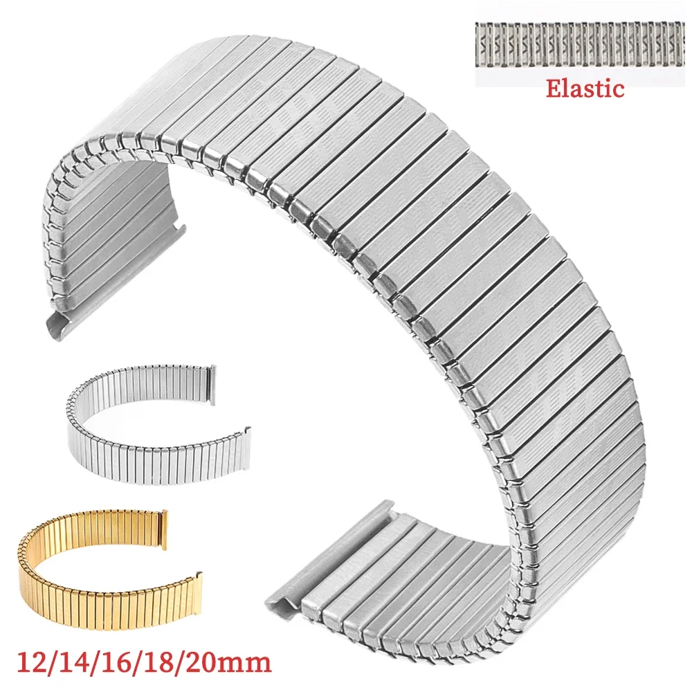 12 14 16mm 18mm 20mm Metal Elastic Stretch Strap Stainless Steel Expansion Silver Gold Bracelet Men Women Watchband Accessories