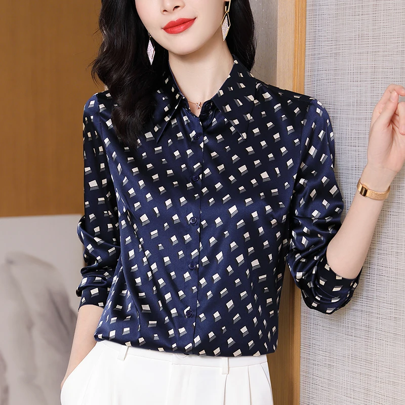 

Весенне-осенняя женская блузка из натурального шелкового атласа с длинным рукавом, элегантные рубашки и блузки для женщин, повседневные топы, офисная женская блузка с принтом