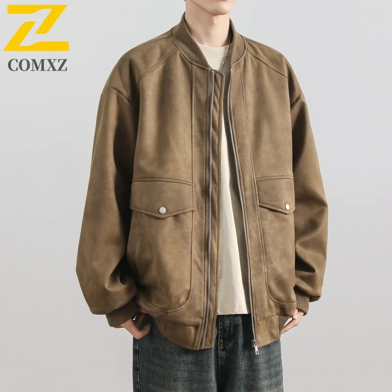 

COMXZ Мужская осенняя мотоциклетная куртка премиум-класса для пешего туризма, путешествий, уютное пальто, традиционный бейсбольный воротник, уличные легкие прочные пальто
