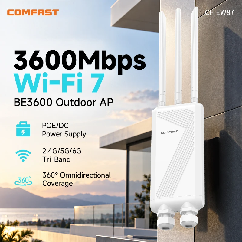 Image of Comfast Outdoor WiFi 7 Access Point 1200Mbps /3600Mbps WLAN-Router IP66 Wasserdicht 2.4G/5.8G Langstrecken 3*5dBi Antenne WiFi AP 48V POE /12V DC Betrieben Omnidirektionaler Repeater Extender