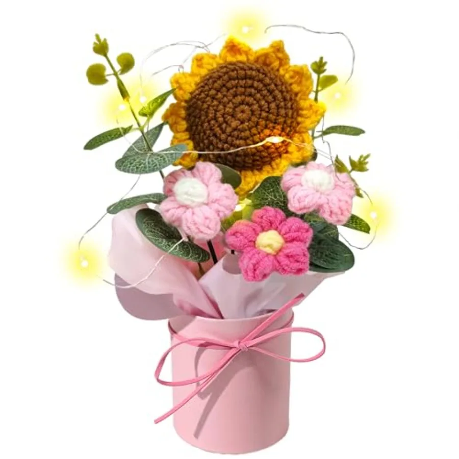 

Crochet Daisy Flowers Bouquet, Valentine's Day Handmade Daisy Artificial Flowers with Card for Mother's Day, Birthday, Wedding,