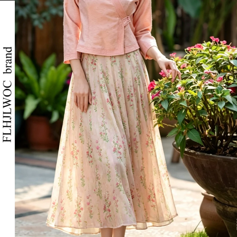 FLHJLWOC Floral Print High Waist A Line Midi Skirts Hot Sales Woman Summer Elegant Wedding Cute Retro Vintage Long Skirt