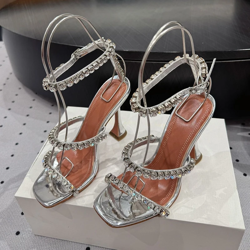 Runway Cup High-Heeled Silk Satin Sandals Women Shiny Rhinestone Decor Ankle Strap Gladiator Sandalias Summer Party Dress Shoes view 3
