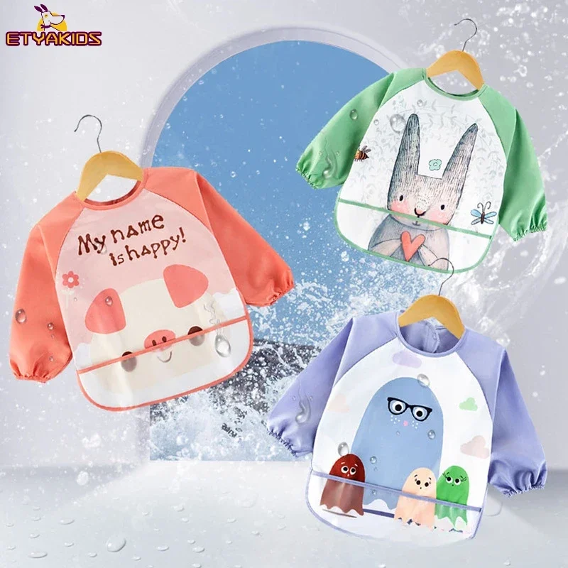 Cartoon New Cute Bibs Children Baby Kids Toddler Waterproof Long Sleeve Art Smock Feeding Bib Apron Fit 1-7 Years Baby Stuff