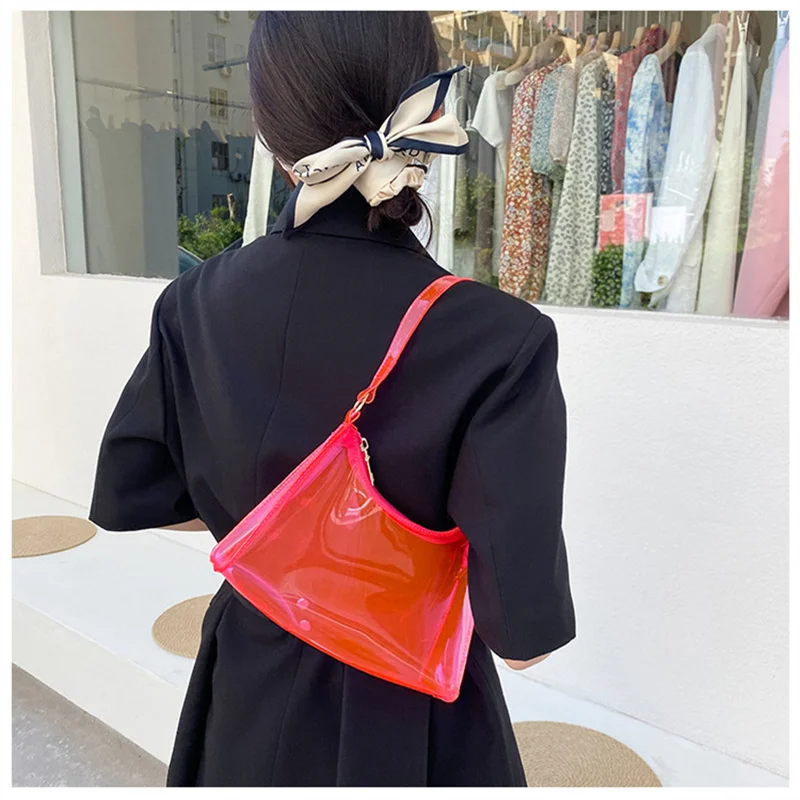 Fashion High Quality Pvc Handbag Transparent Eye-Catching Jelly Bag Zipper Multifunctional Simple Style Women\'S Shoulder Bag New