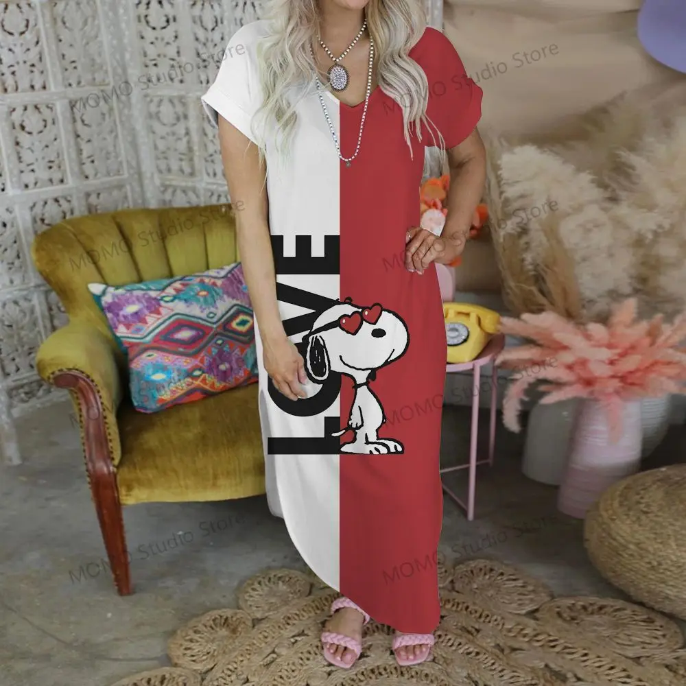 

Snoopy Long Dresses V-neck Robe Fashion S-2XL Cheap Clothes 2024 Summer Woman Dress Elegant Gowns Kawaii Streetwear Lovely Y2k