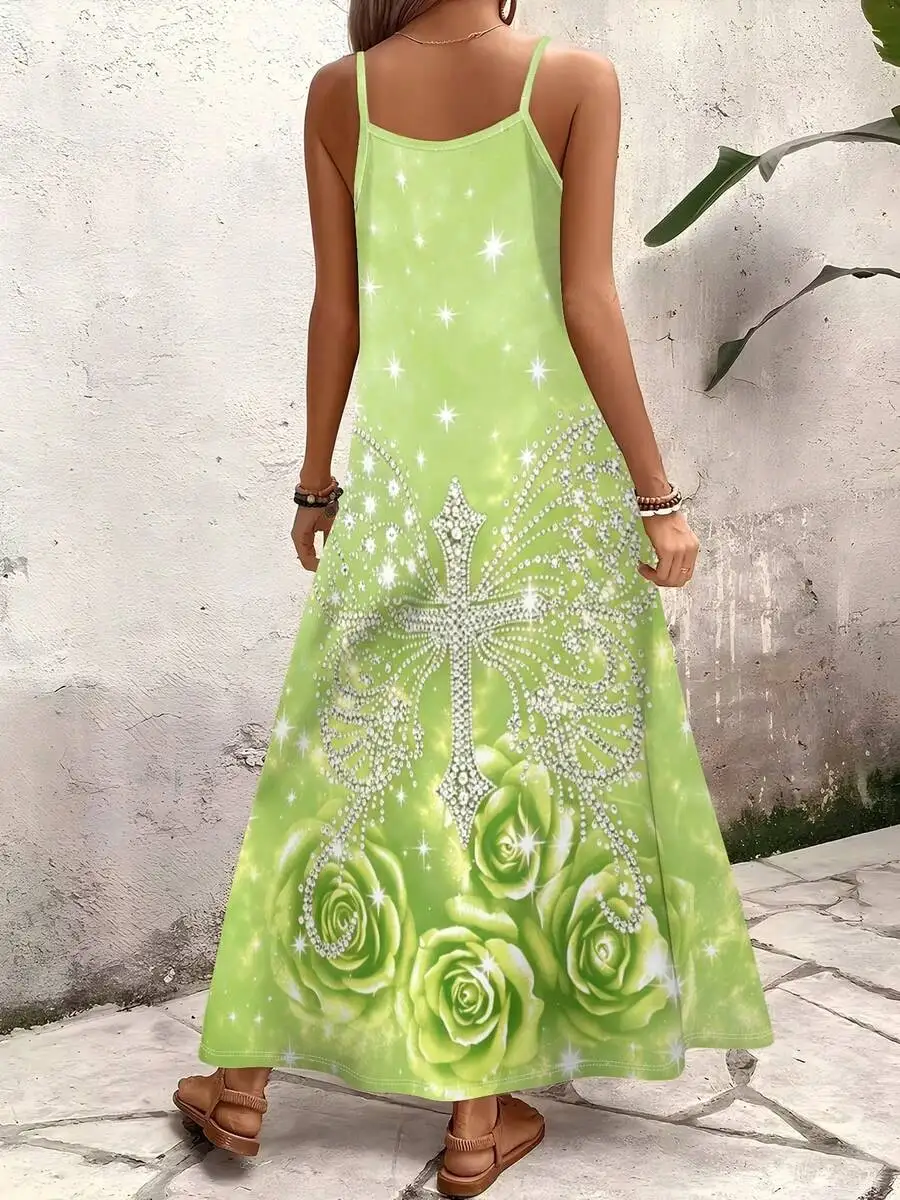 

Plus Size Green Starlight Butterfly Cross Rose Print Spaghetti Strap A-Line Long Dress