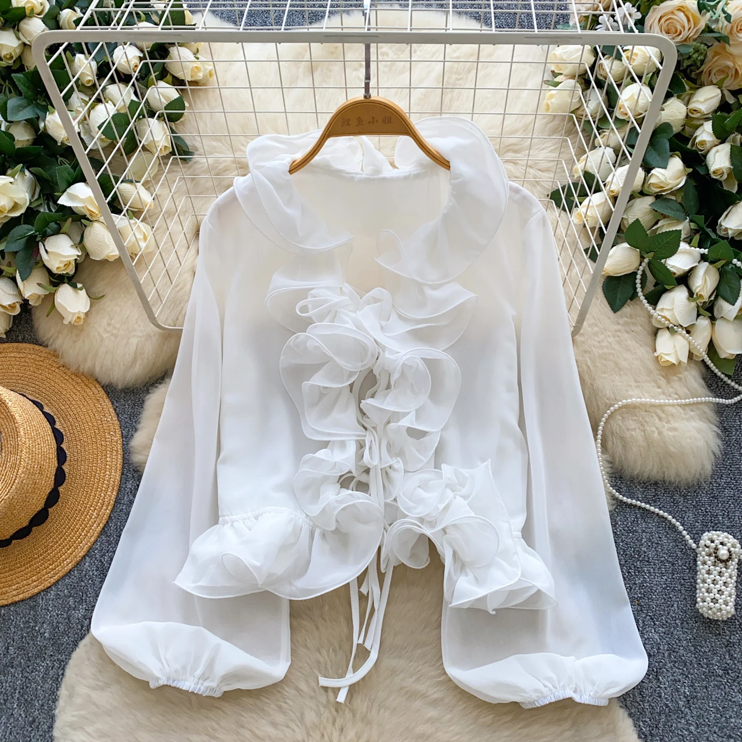 

Vintage Elegant V-neck ruffle long sleeve Blouse Fashion Shirt Casual Chic Top Fairy Women Shirt