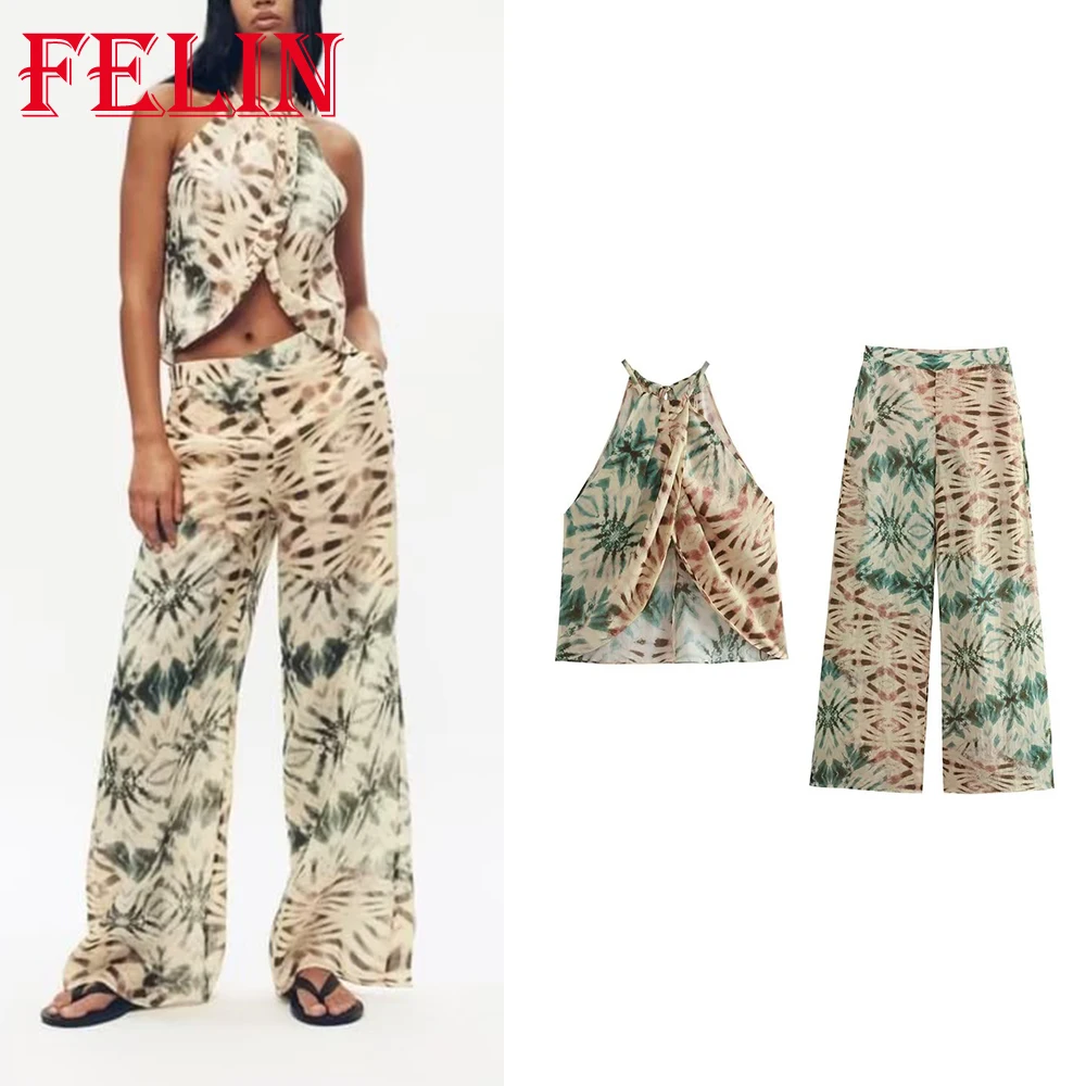 TRAF 2023 Summer Boho Flower Women Sexy Print Suit Slim Sleeveless Short Vest+High Waist Zipper Long Wide Leg Pants Women Sets