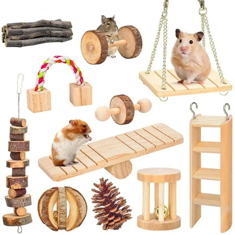 Mini Rabbit Roller Toys Natural Wooden Pine Dumbells Unicycle Bell Chew Toys for Guinea Pigs Rat Small Pets Molars Accessories