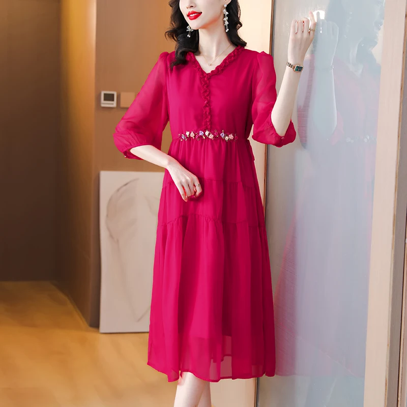 여성용 보호 레드 쉬폰 시크 아플리케 미디 원피스, 우아한 바디콘 프릴 브이넥 원피스 2025, 한국 패션 캐주얼 원피스, 여름