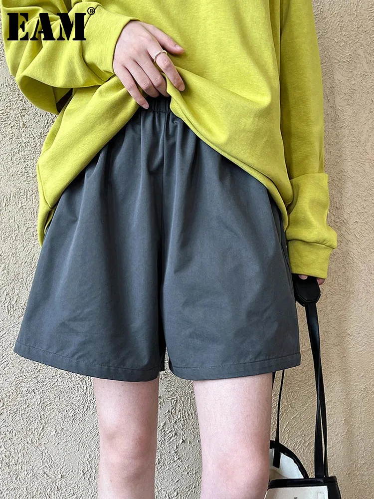 

[EAM] Women Gray Apricot Brief Pocket Casual Wide Leg Shorts New High Waist Trousers Fashion Tide Spring Summer 2024 1DH6113