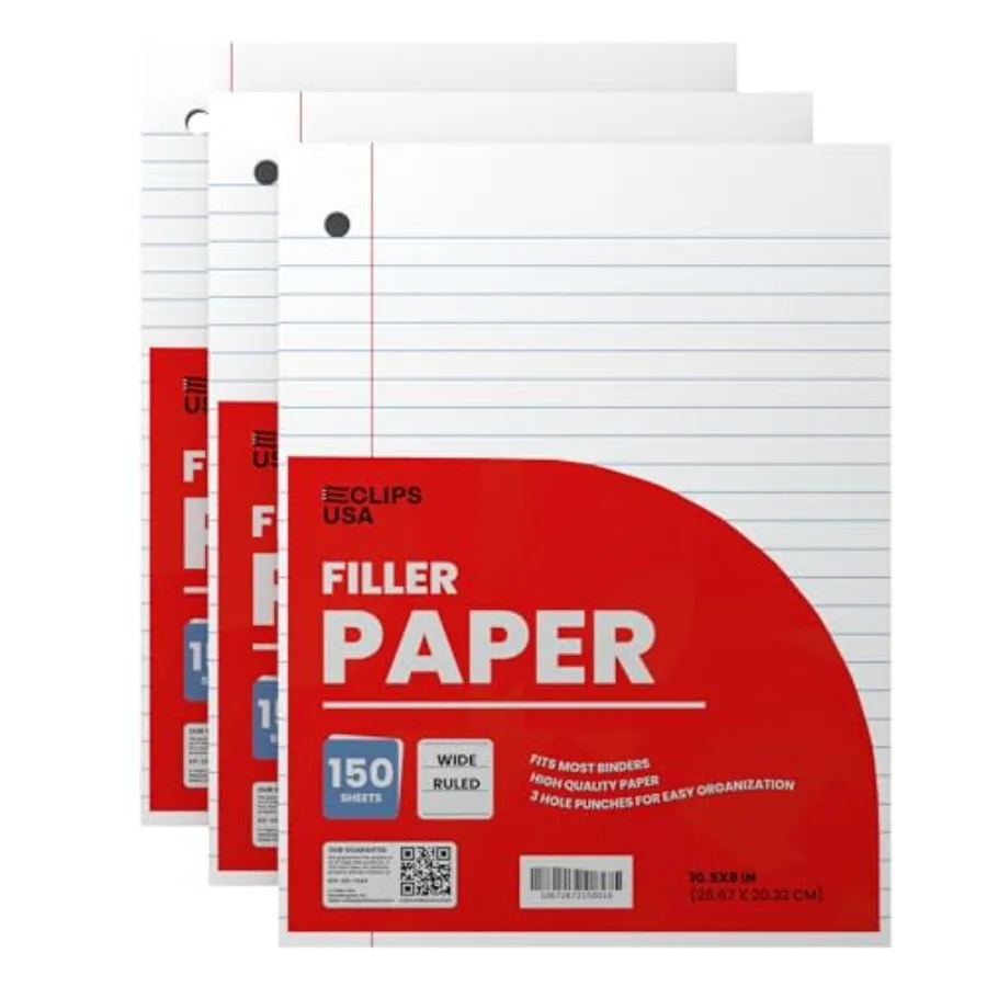 

Wide Ruled Loose Leaf Paper Wide Ruled Notebook Paper Lined Writing Filler Paper 10.5" x 8" 5 gsm 450 Sheets 150 Sheet Per