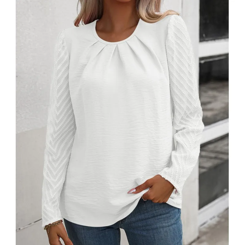 2024Spring and Autumn New Solid Color Casual Fashion Women's Round Neck Folded Chiffon Perspective Long Sleeve Temperament Shirt