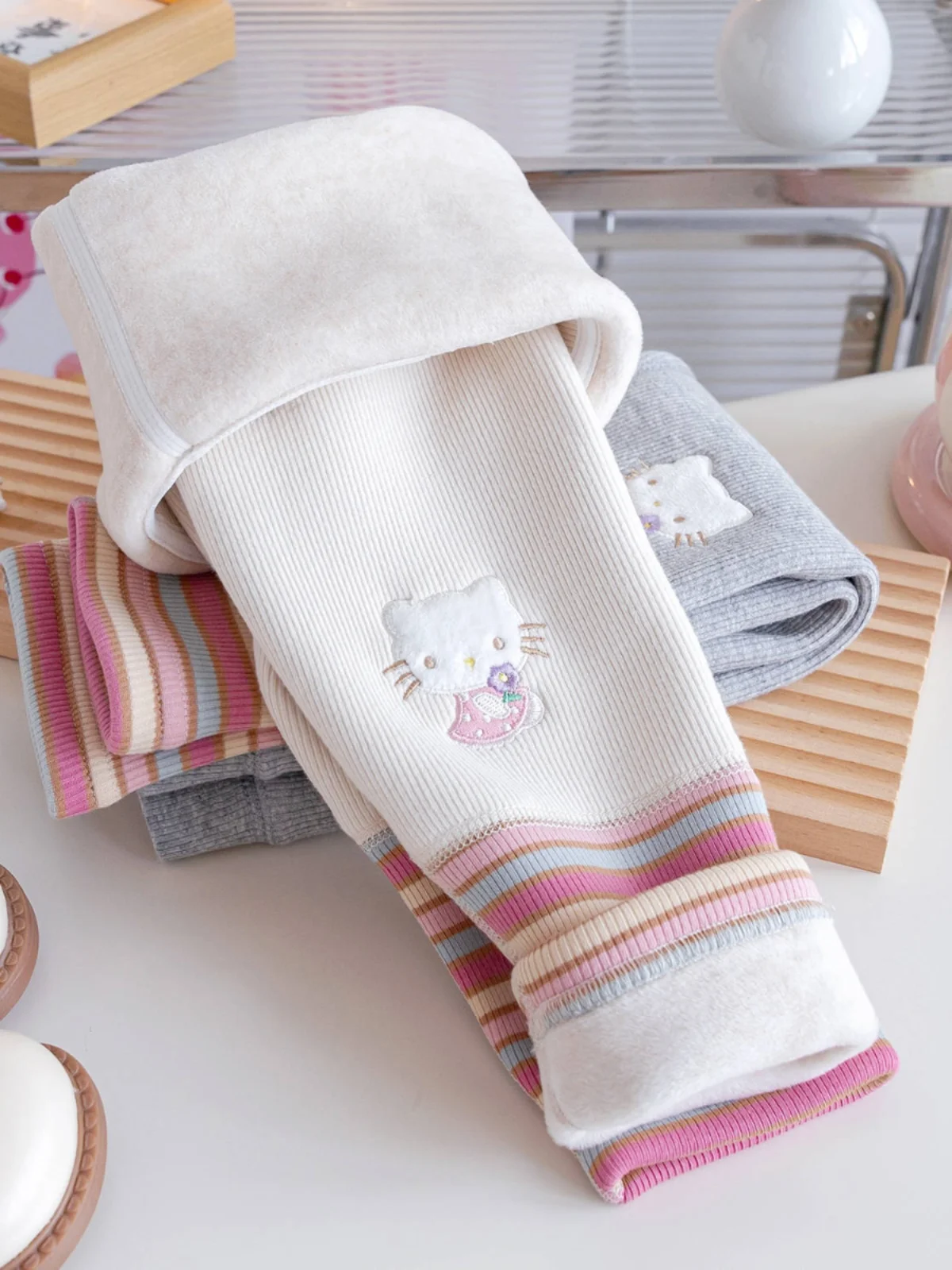 Girls Fce Lined Casual Pants Autumn Winter Korean Sle No-s Splice Versatile Long Trousers Kids All-in-one Velvet Leis...