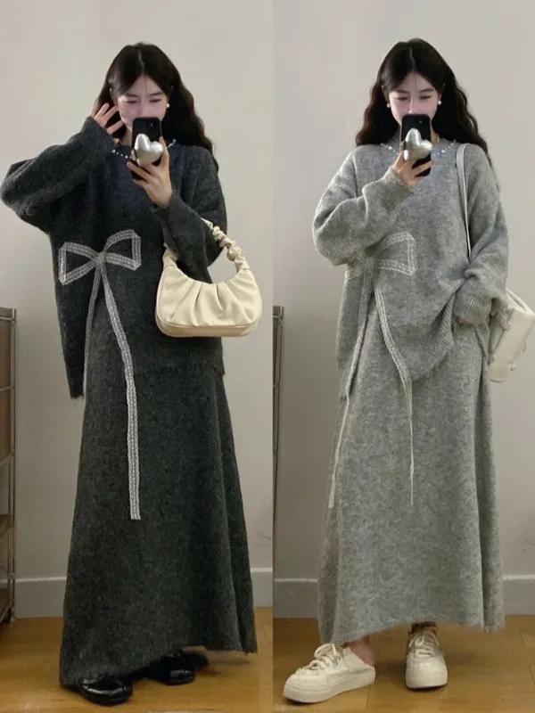 

Ladies plus Size Lazy Style Outfit Knot Sweater And Skirt Two Piece Set Autumn Fashion Casual High Waist