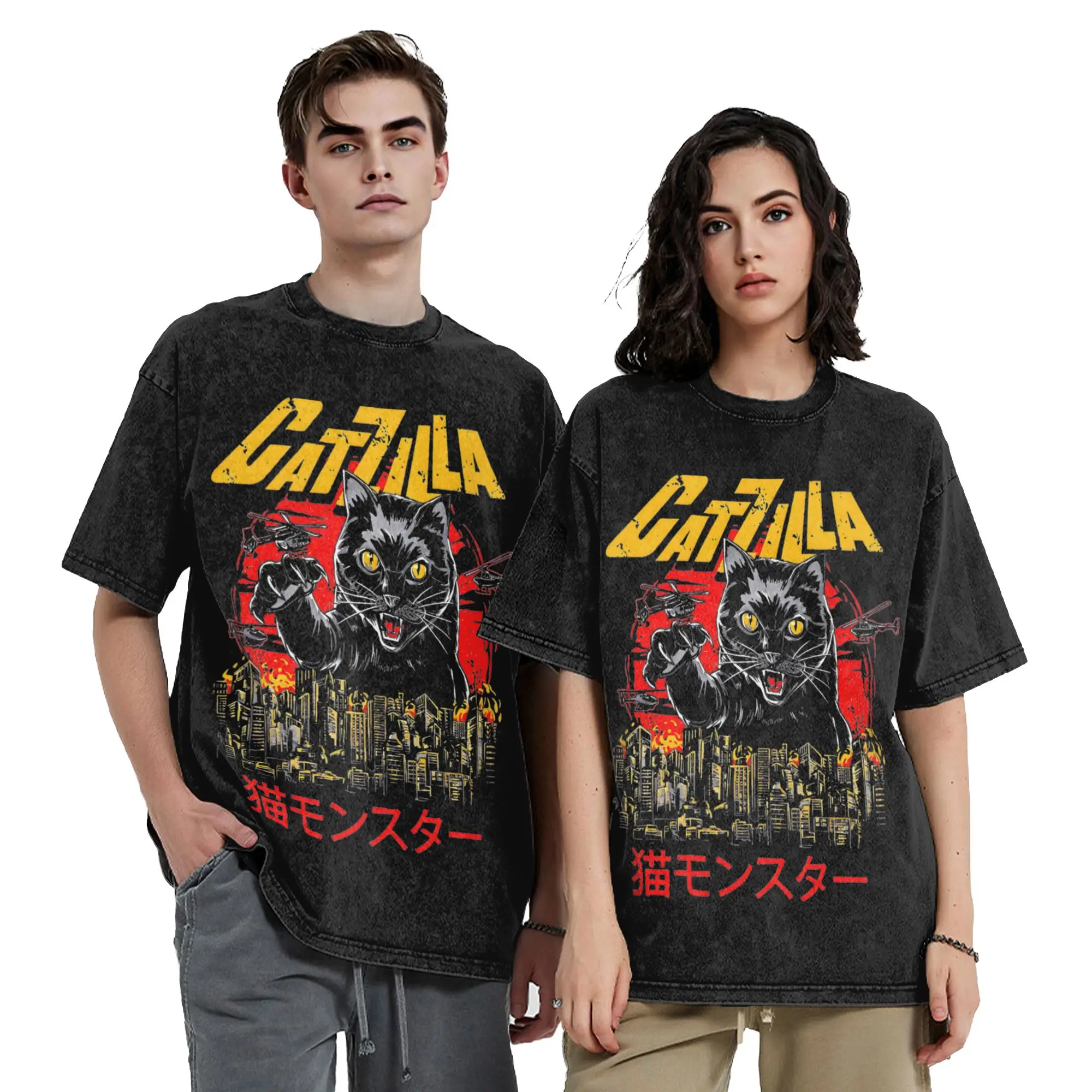 Attack of Catzilla! Washed T Shirt Cotton Crazy T-Shirts Round Neck Cats Monsters Godzillaed Tee Shirt Short Sleeve Clothes Gift